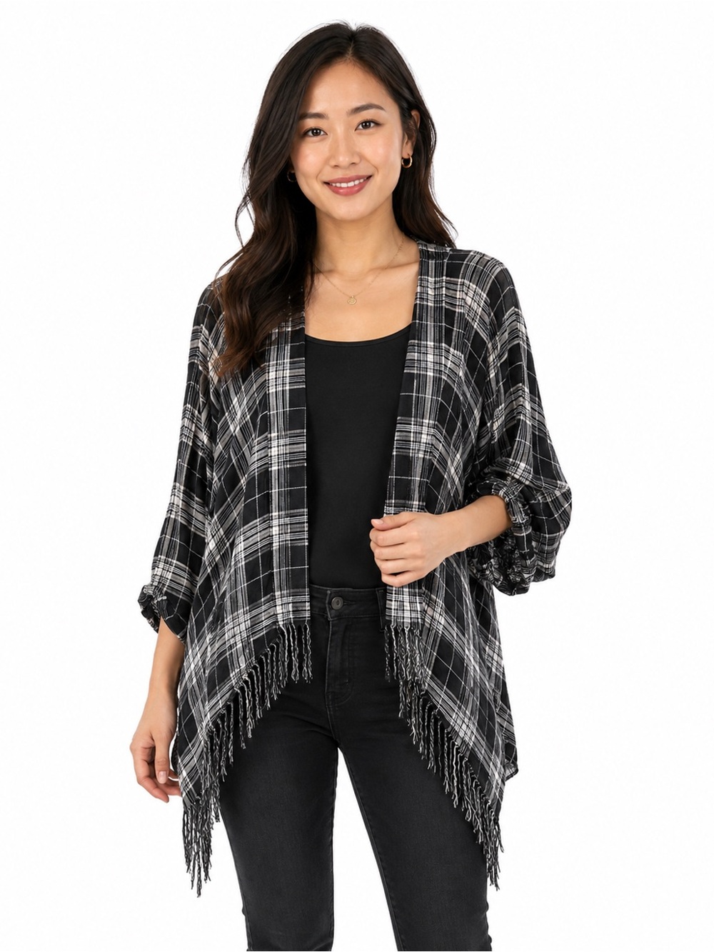Torrid Black & White Plaid Fringe Kimono Cardigan – Women’s Size 1